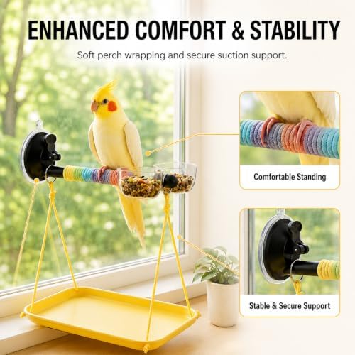 Portable Bird Stand with Poop Tray, Tabletop & Window Bird Perch for Travel and Car, Play Gym Training Toy for Small Medium Birds, Parakeets, Conures, Budgies, Easy to Clean