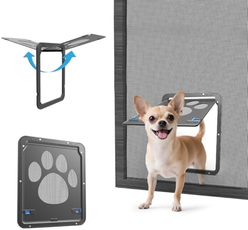 Small Pet Screen Door, Inner 8"×10" Magnetic Self-Closing Flap, Lockable Small Dog and Cat Door for Sliding Screen Door, Black