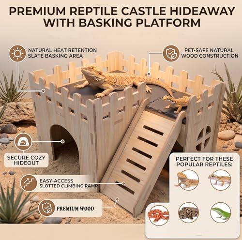 Bearded Dragon Hide Cave Basking Platform - with Climbing Ramp,Wooden Lizard Hideout Accessories Terrarium Decor, Reptile Basking Platform Accessories for Bearded Dragons, Geckos, Snakes & Turtles