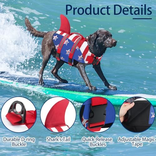 Dog Life Jacket, American Flag Ripstop Shark Dog Life Vest for Swimming & Boating, High Buoyancy Reflective Pet Vest with Rescue Handle, for X-Small/Medium/Large/X-Large Dogs (USA Flag, M)