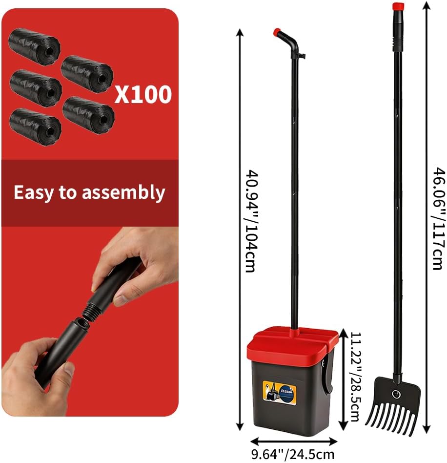 Pooper Scooper for Dogs, 46'' Long Handle Large & Small Breeds, Yard & Outside Waste Pickup, Rake with Bag Attachment & Holder, Litter Scooper, 100 Pet Waste Bags, Pet Supplies & Dog Accessories