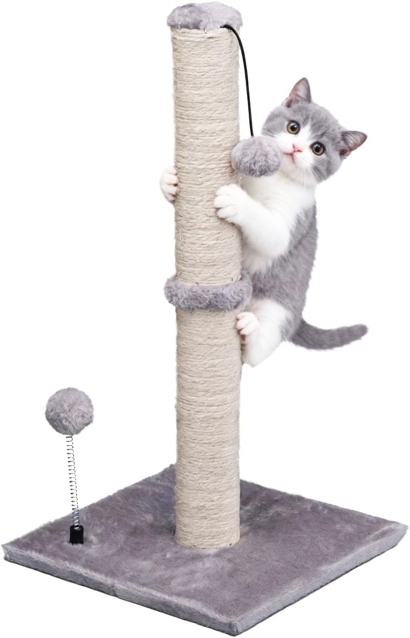 MECOOL 34” Tall Cat Scratching Post Premium Basics Kitten Scratcher Sisal Scratch Posts Trees with Hanging Ball for Indoor Cats, Beige