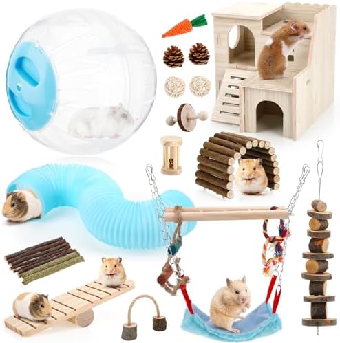 Foilswirl 17 Pcs Hamster Cage Accessory Set, Hamster Toys with Wooden House, Tunnel, Bridge, Natural Chew Toys, Playground Kit for Hamsters, Gerbils, Small Animals