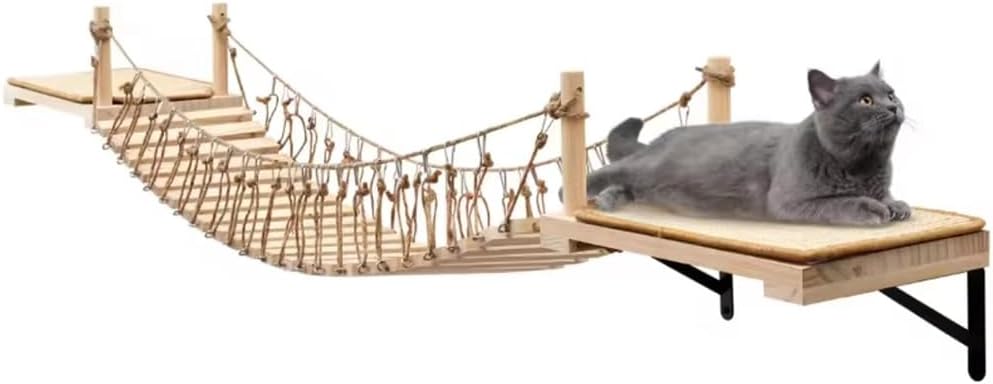 A.FATI Wall-Mounted Cat Roped Bridge Long for Indoor Cats, Cat Wall Shelves for Sleeping, Playing, Climbing, Wooden Cats Bed and Perches with Sisal Scratch Mat