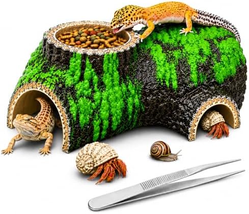 Reptile Tunnel Hide Cave 2-in-1 Water/Food Bowl, Handmade Hollow Log Hideout for Geckos & Snakes | 3-Entrance Reptile Shelter with Tweezers, Lizard Snake Hiding Cave (7.5" L x 4" W x 3" H)