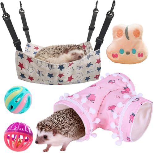 5 Pcs Hedgehog Adjustable Hammock with Hideout Tunnel Interactive Bell Ball Toys Stuffed Toy 3 Way Collapsible Small Pet Tunnels and Tubes Hedgehog Hide Hanging Bed for Cage Accessories