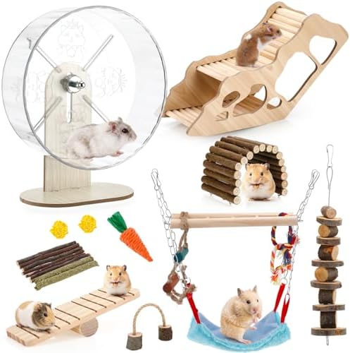 11 Pcs Hamster Cage Accessories Set, Bridge, Exercise Wheel, Swing, Chew Toys & More, Natural Wood Hamster Play Set for Dwarf Hamsters, Mice Small Animals Habitat (Maze Tunnel)