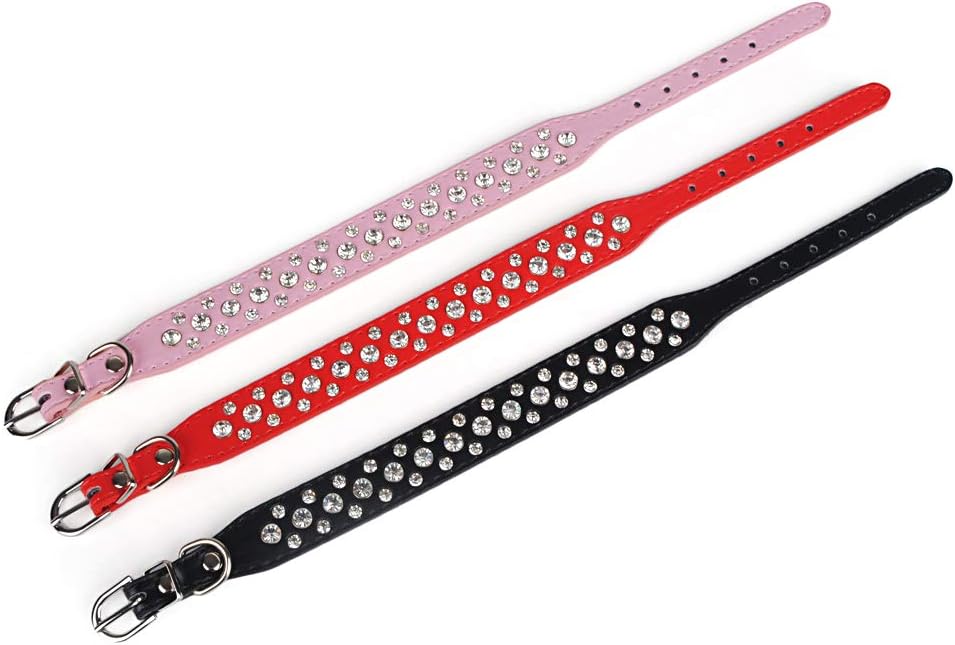 Bling Rhinestone PU Leather Crystal Diamond Pet Dog Cat Puppy Collar Black S M L XL(Red,M)
