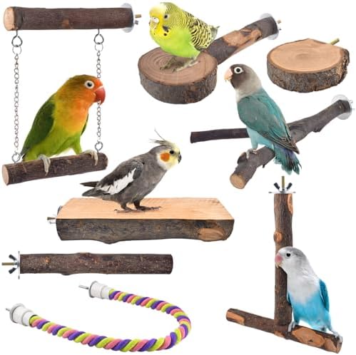DBNESS Bird Perches, 8pcs Natural Wood Parrot Perch Climbing Stand Toys Bird Cage Accessories Hanging Multi-Branch Perch Platform Swing Toy Rope Perches for Parakeet, Conures, Budgies