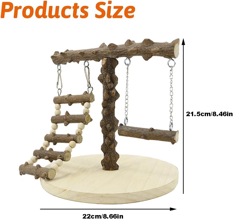 Natural Wood Parrot Play Stand, Bird Gym with Ladder and Swing, Training Station, Climbing Playground for Budgies, Cockatiels, Lovebirds,Conures Small to Medium Birds