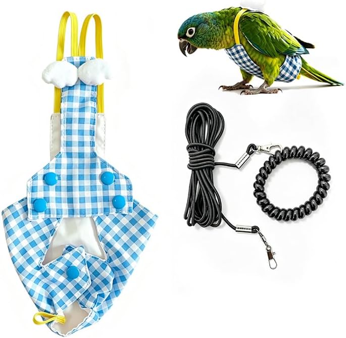 Bird Flight Suit with Leash & Handle, Adjustable Bird Harness Vest for Parrots, Cockatiels and Small Birds, Outdoor Walking, Training and Flying Accessories（Blue S）