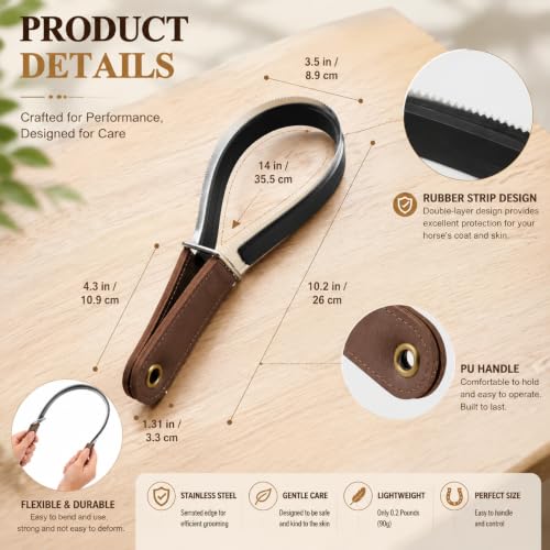 2 in 1 Horse Shedder Scraper Dual-Sided Shedding Brush - Stainless Steel Blade for Loose Hair & Rubber Back for Sweat Water, PU Handle Grip for Horses Cattle