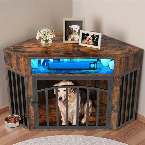DWVO 52" Corner Dog Crate with Bowl & LED Light & Power Outlets
