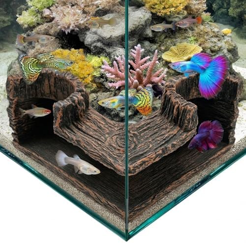 Aquarium Cave, 90° Corner Fish Cave Hideout for Fish Tank, Dual-Hole Viewing Tunnel for Shrimp Betta Corydoras, Safe Resin Fish Tank Decor Accessories