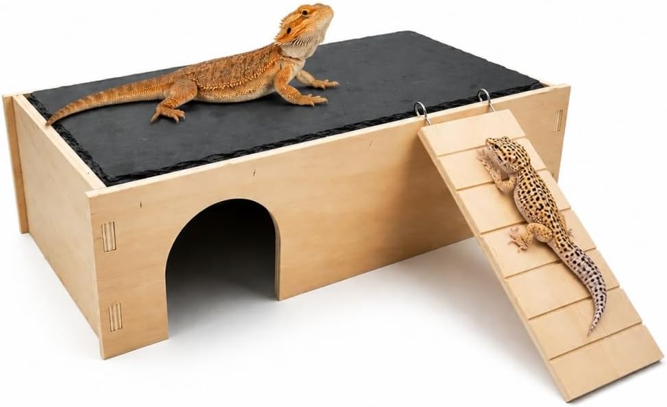 2-in-1 Bearded Dragon Basking Platform with Hideout, Slate Rocks for Reptiles with Base, Leopard Gecko Hides and Caves, Reptile Tank Accessories for Bearded Dragons, Geckos, Ball Pythons, Tortoise