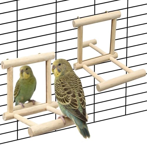 2Pcs Bird Mirror Parakeet Mirror Perch Stand Wooden Swing Mirror Toy Cage Accessories for Parrots Budgies Parakeets Cockatiels Lovebirds Finches