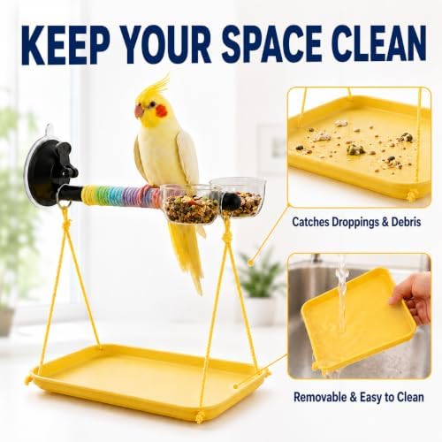 Portable Bird Stand with Poop Tray, Tabletop & Window Bird Perch for Travel and Car, Play Gym Training Toy for Small Medium Birds, Parakeets, Conures, Budgies, Easy to Clean