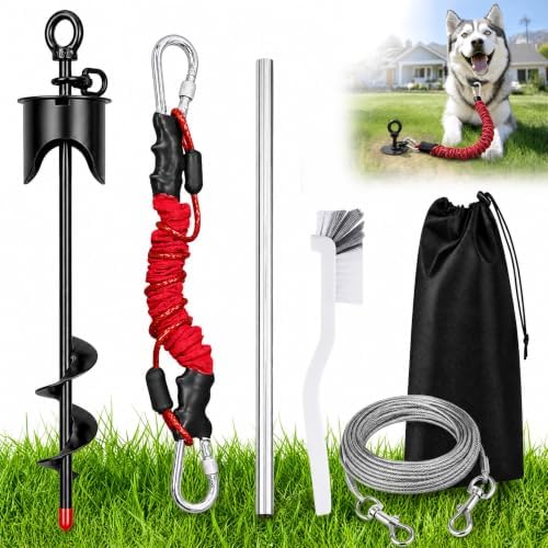 Dog Tie Out Stake with Lock-Cap Kit,Heavy Duty Dog Stakes for Outside/Yard/Camping with Shock Absorbing Bungee Tether,360°Swivel Rust Proof Ground Anchor for Dog Cable,Chain