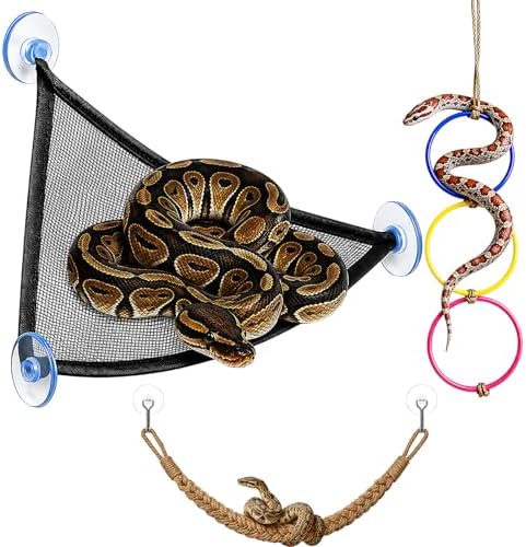 3PCS Snake Enrichment, Snake Enclosure Accessories, Reptile Habitat Accessories with Jute Rope and Black Mesh Hammock, Cage Climbing Structures for Environmental