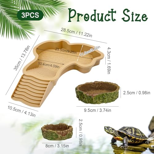 3PCS Tortoise Habitat Accessories, Creature Bathing Pool with Ramp & Basking Area, 2PCS Simulation Tree Stump Feeding Dish for Turtle Gecko Frog Semi-Aquatic Species (Yellow)