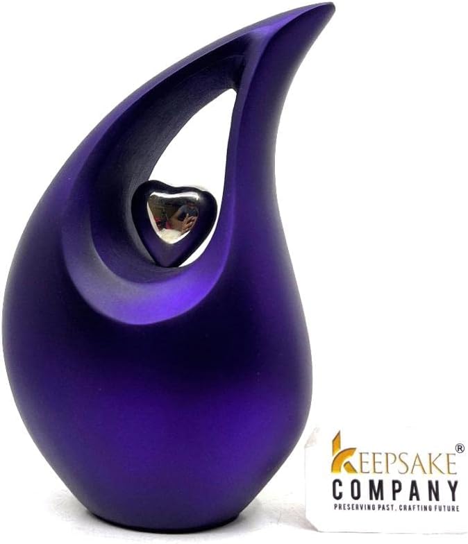 White Teardrop Small Urns for Human Ashes/Mini Urn with Sky Blue Heart/Cremation Keepsakes for Ashes/Ash Holders (Purple - Silver, Small - S (15 Cu in))