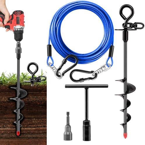Heavy Duty Dog Tie Out Cable&Stake,30FT Dog Leads,Spiral Stake,Up to 200lbs