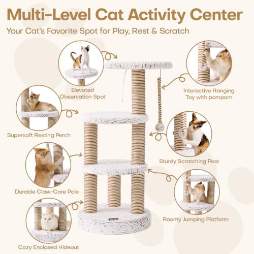 Cat Tower, Multi-Level Climbing Tree with Spacious Elevated Perches, Scratching Posts, Dangling Toy Ball, Durable Cat House Furniture for Indoor Kittens & Large Adult Cats.