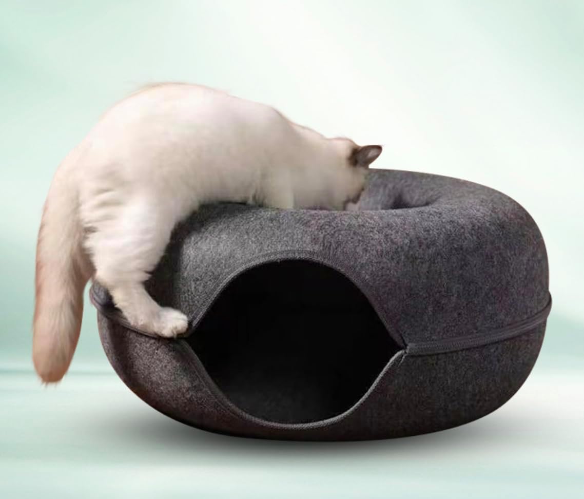 Grey Cat Tunnel & Donut Bed Cave for Indoor Cats – Large Felt Cat Toys Interactive Hideaway, No-Collapse, Scratch-Resistant, Washable Cat House, Cat Enrichment, Bored Indoor Cats & Kittens Gift Toy