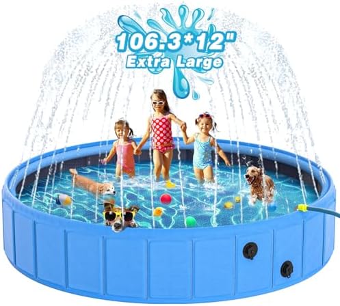 EPN Large Foldable Dog Pool – Heavy Duty Portable 2-in-1 Pet Pool Bathtub & Dog Sprinkler Pool, 0.55MM PVC Non-Slip Bottom, Outdoor Summer Water Toy for Dogs, Cats, Kids (106'')