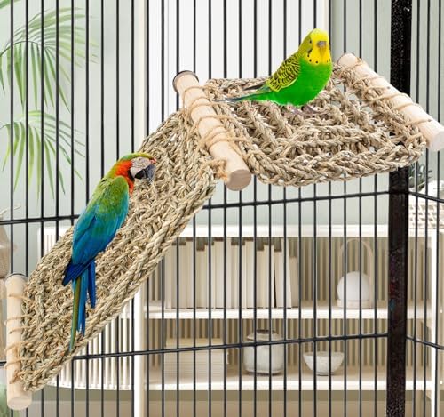 FlidRunest Bird Perch Platform with Climbing Ladder, Parrot Chewable Natural Seagrass Woven Hammock, Parakeet Cage Accessories Playing Gyms Exercise Sturdy for Cockatiels, Lovebirds, Budgies