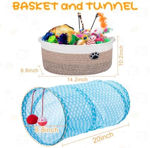 Leitee 38 Pcs Cat Storage Basket Gift Toy Set Kitten Toys, Including 2 Way Tunnel, Bell Crinkle Balls Spring Feather Teaser Sisal Ball Simulated Fish, Interactive for Indoor Pet