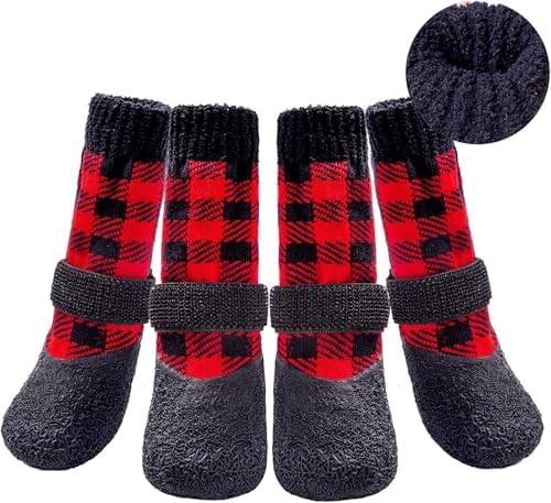 BINGPET Anti-Slip Dog Socks, Waterproof Plaid Dog Paw Protector with Adjustable Straps, Thick Fleece Padded Warm Pet Doggy Socks for Cold Weather Winter