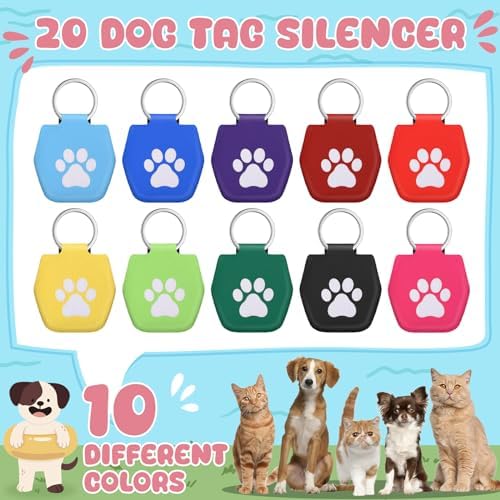 20 Pcs Dog Tag Silencer with Rings Portable Quiet Dog Holder Soundless Cover ID Tags Bag Protector for Cats Pets, White Paw Style