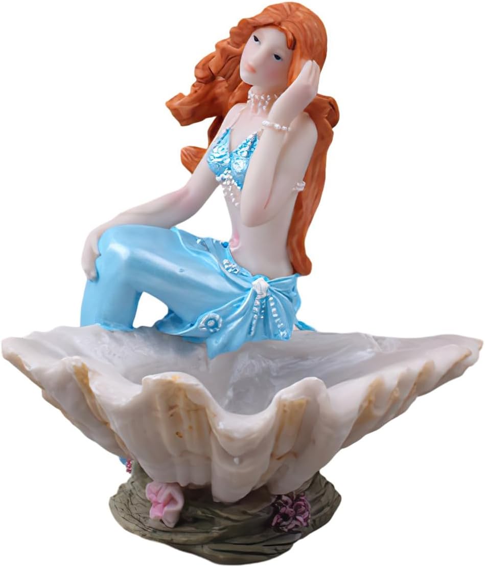 Mermaid Figurines Shell Aquarium Ornament Resin Mediterranean Style Mermaid Princess Craft Statue Jewelry Storage Organizer Gifts for Girls,Fish Tank Supplies Accessories (Blue)…