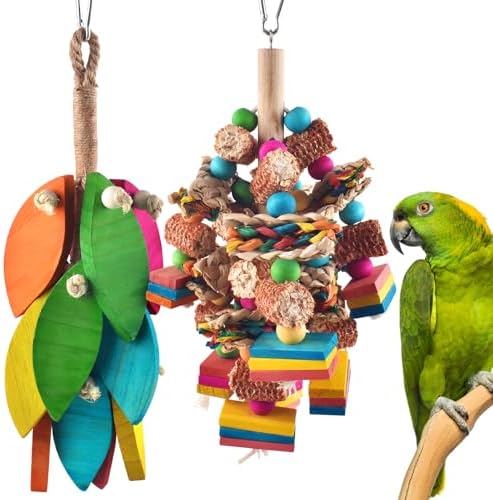 DBNESS 2 Pcs Large Bird Toys, Natural Corn Cob Parrot Chew Toy, Multicolored Leaf-Shaped Chewing Wood Blocks for Large and Medium-Sized Macaws, Cockatoos, Amazon Parrots, African Grey