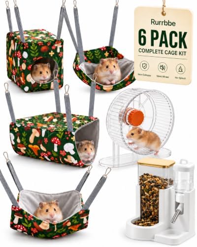 6-Piece Guinea Pig Hammock Set，with 4 Hammocks，Wheel & Feeder