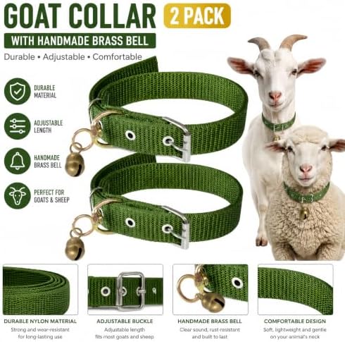 2 Pack Goat Collar with Bell, Adjustable Nylon Sheep Collar, Heavy Duty