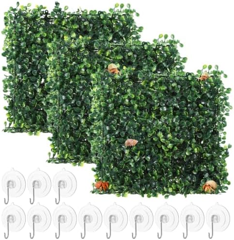 OMISTAR 3PCS Hermit Crab Climbing Wall Toys, 9.84 × 9.84 in Faux Grass Mat Aquarium Decor with Suction Cups, Plastic Reptile Climbing & Hide Plants for Gecko Lizard Turtle Betta