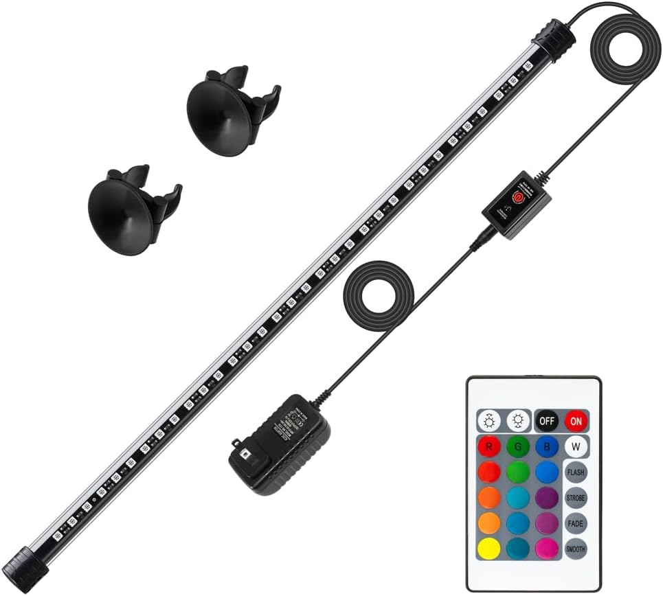 LED Aquarium Light with IP68 Waterproof and Memory Function Submersible Fish Tank Light with Remote and 16 Colors 15 Inches Brightness Adjustable Underwater Light Bar for Fish Tank Aquarium