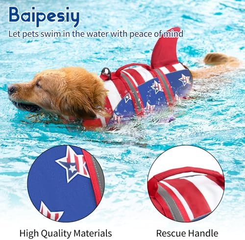 Dog Life Jacket, American Flag Ripstop Shark Dog Life Vest for Swimming & Boating, High Buoyancy Reflective Pet Vest with Rescue Handle, for X-Small/Medium/Large/X-Large Dogs (USA Flag, M)