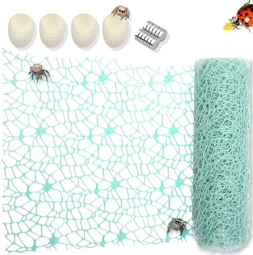 2 Pack Large Size Jumping Spider Netting Enclosure Climbing Toy Habitat Accessories Green Webs with Magnets and Silk Cocoons Nest (9.8 x 177 inches)