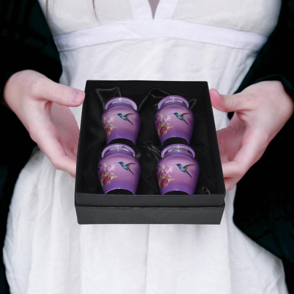 Bold & Divine Purple Hummingbird Keepsake Urn for Ashes | Set of 4 | 3.5 Cubic Inch | Keepsake Urn for Sharing The Ashes of a Loved One