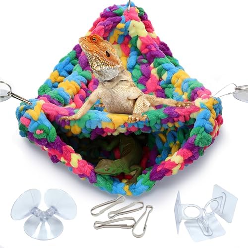 QWR Hand-Knitted‌ Soft Lizard Hammock,Double-Layer Hammock for Bearded Dragon Tank,Hanging Reptile Swing Hammock with Strong Adhesive Hooks,for Lizard Gecko Chameleon Hide(Triangular)