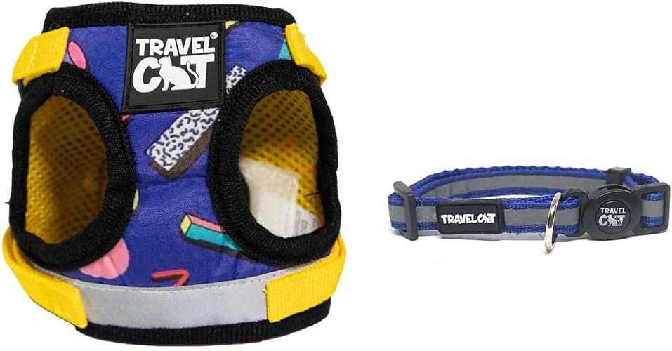 Travel Cat Adjustable 90s Harness and Leash Set + Breakaway Collar for Cats (Blue) - Secure, Escape-Proof Outdoor Walking Kit (Medium)