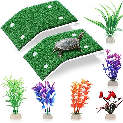Janinka 8 Pcs Turtle Basking Platform Set, 2 Ramps 6 Plants Lawn Tank