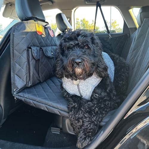 BarkBridge+ Backseat Extender for Dogs - Hard-Bottom Waterproof Back Seat Bridge for Cars, Trucks & SUVs - Dog Hammock with Storage Pockets - Dog Rear Car Seat Cover with Door Covers