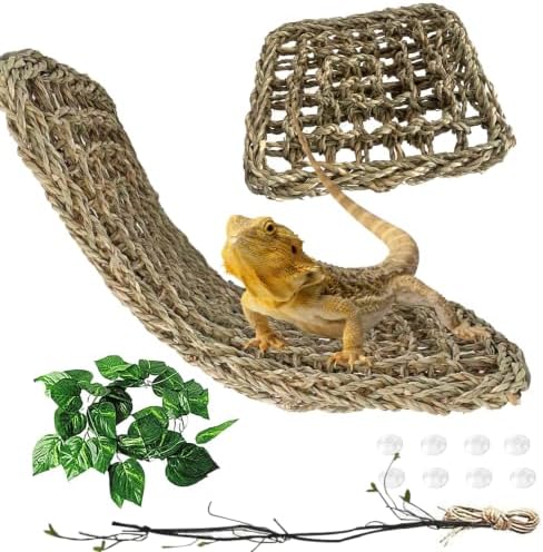 4 PCS Bearded Dragon Hammock,Lizard Lounger Reptile Natural Seagrass Hammocks Climb Vines Plant Decoration Terrarium Accessories for Lizards Chameleon Gecko Snakes Crown Geckos