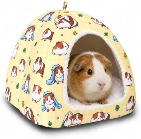 Guinea Pig Hideout Bed 11.8-Inch Cube - Cozy Small Animal House for Guinea Pigs, Chew-Proof Hideaway with Ventilation (Yellow, Adorable Guinea Pig Print)