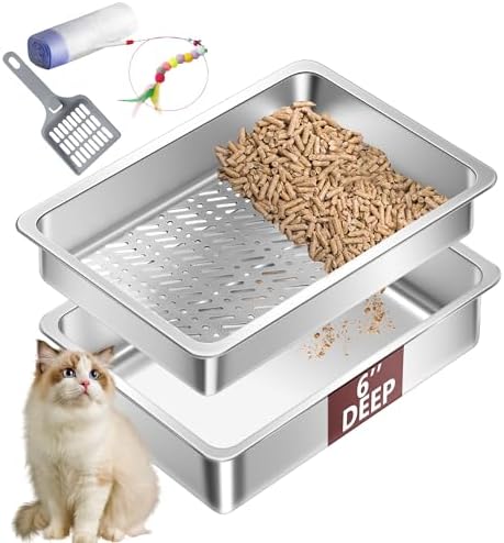 Stainless Steel Sifting Small Cat Litter Box for Pine Pellets, Metal Kitten Litter Box Sifter Pan with Litter Scoop, Low Dust, Odor Control, Easy Cleaning, 15.7" L x 11.8" W x 6" H