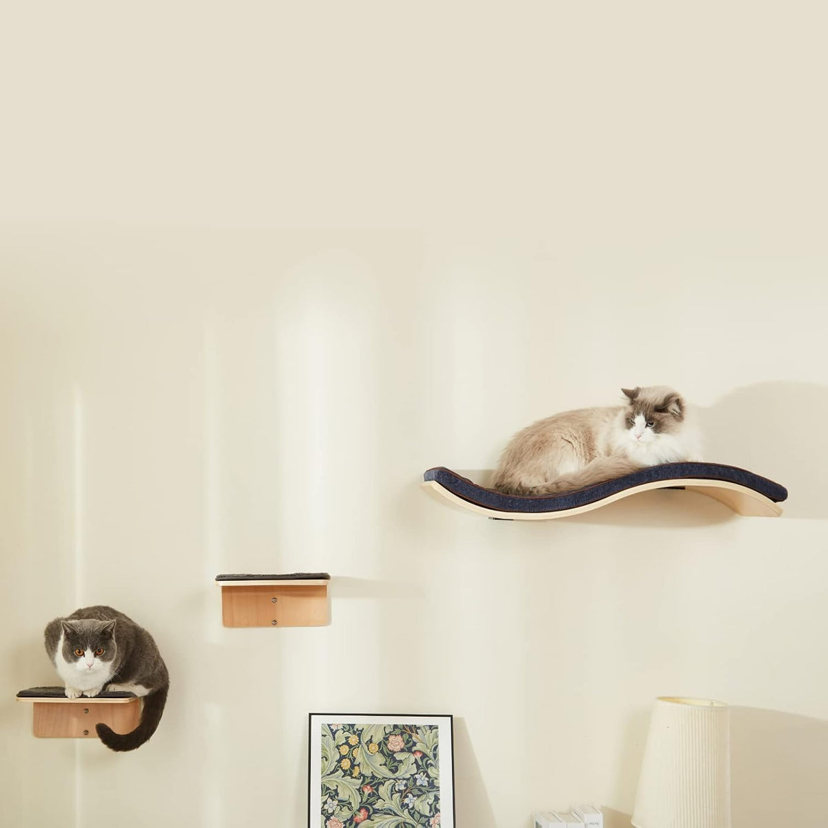 Cat Wall Shelf with Two Steps - Wave Cat Shelves and Perches for Wall - Wall Mounted Cats Furniture for Sleeping, Playing, Climbing, and Lounging